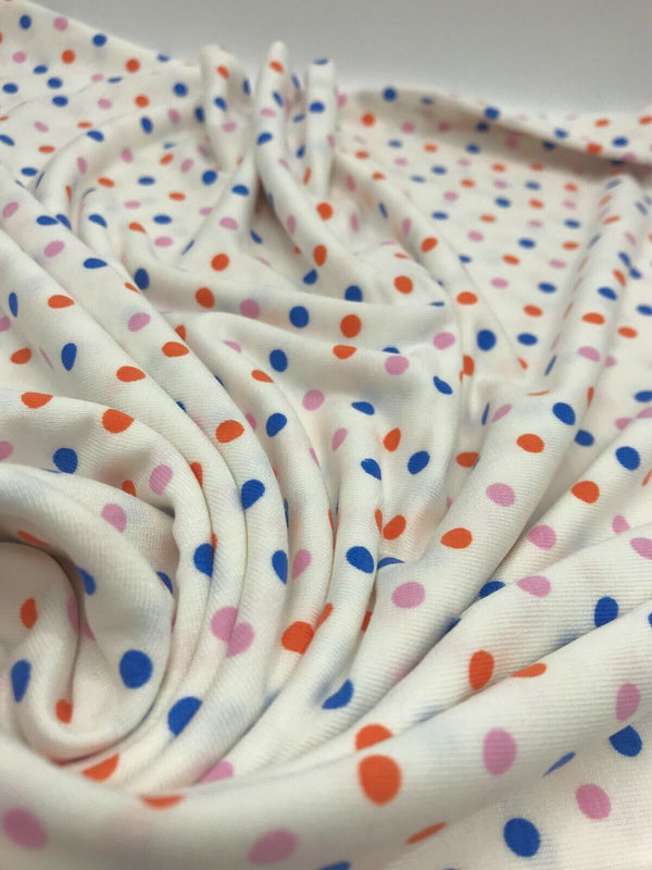 White Multi Polka Dot Viscose Elastane Fabric