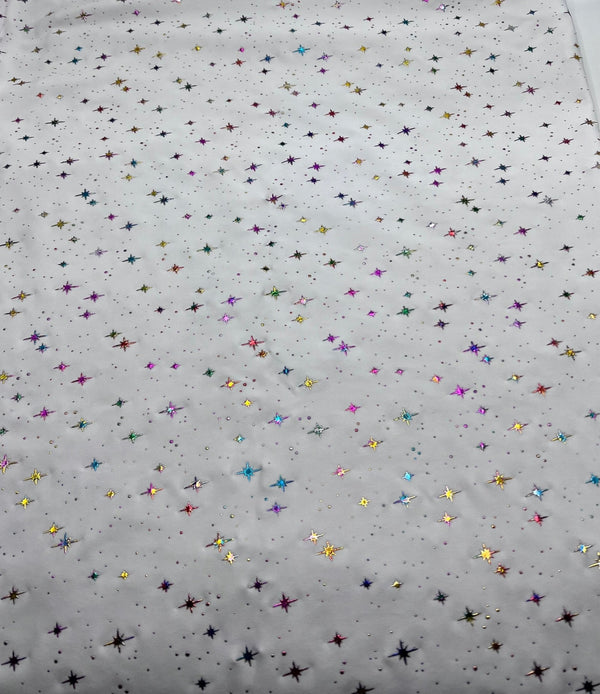 White Multi Star Soft Spun Poly Stretch Fabric
