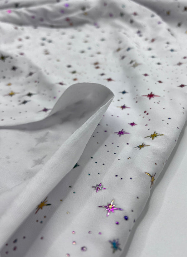 White Multi Star Soft Spun Poly Stretch Fabric