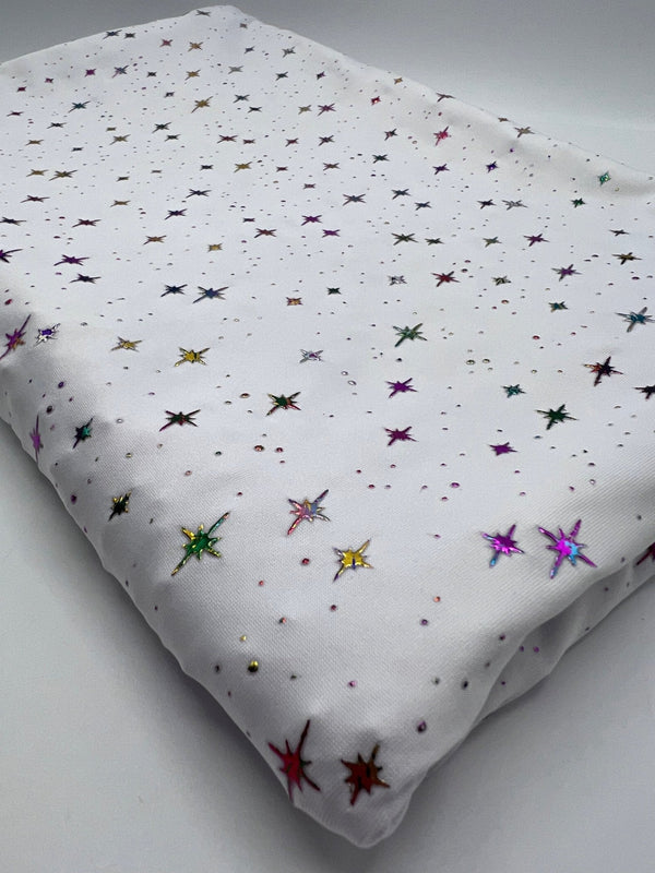 White Multi Star Soft Spun Poly Stretch Fabric