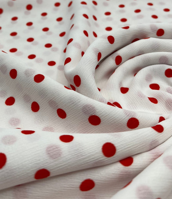 White Red Polka Spot Lightweight Crepe Non Stretch Fabric