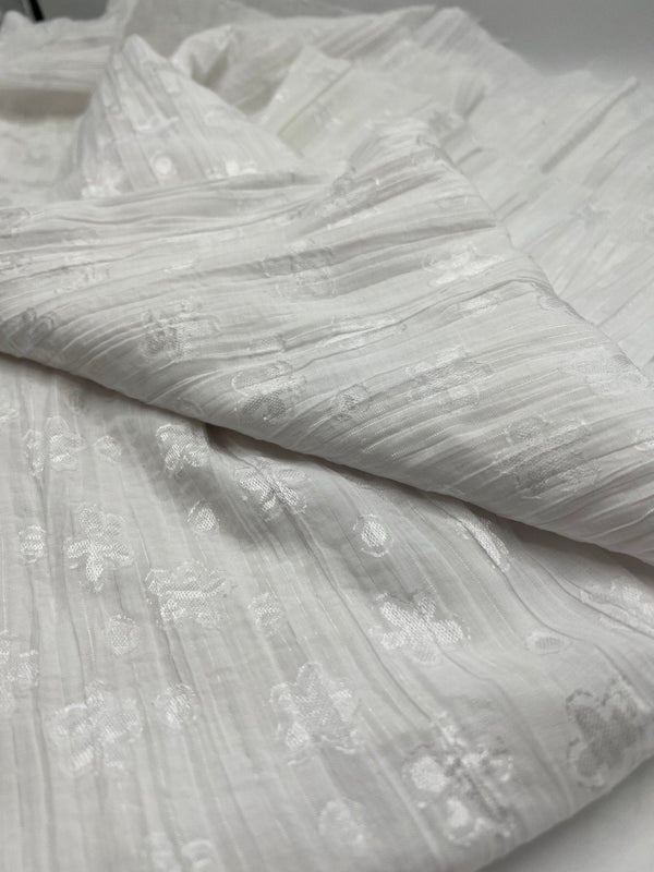 White Shiny Floral Crinkled Lightweight Non Stretch Woven Fabric