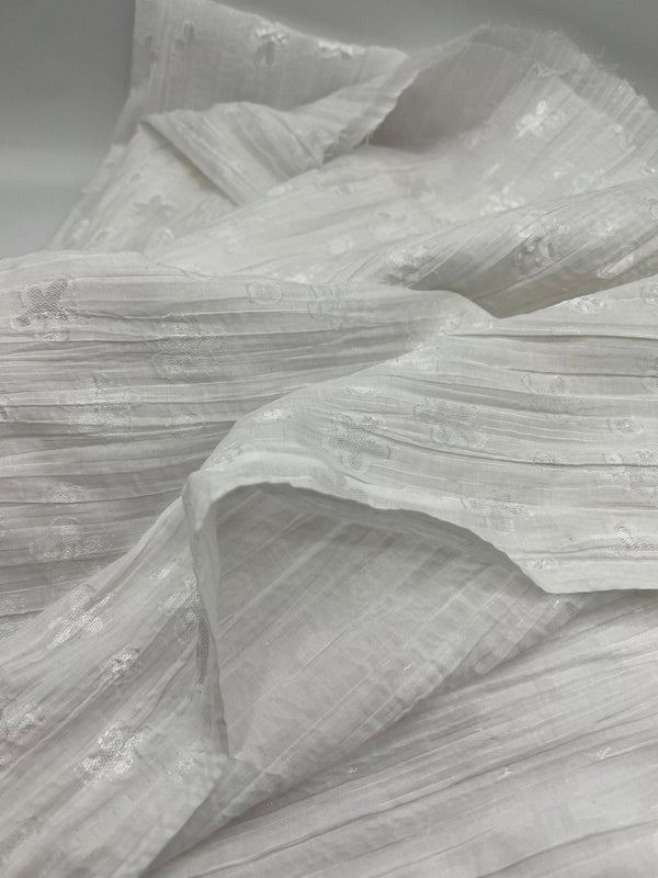 White Shiny Floral Crinkled Lightweight Non Stretch Woven Fabric