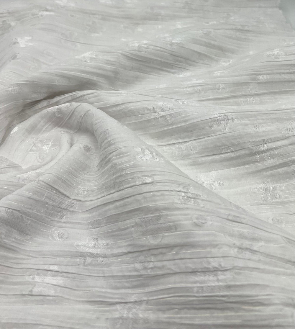 White Shiny Floral Crinkled Lightweight Non Stretch Woven Fabric