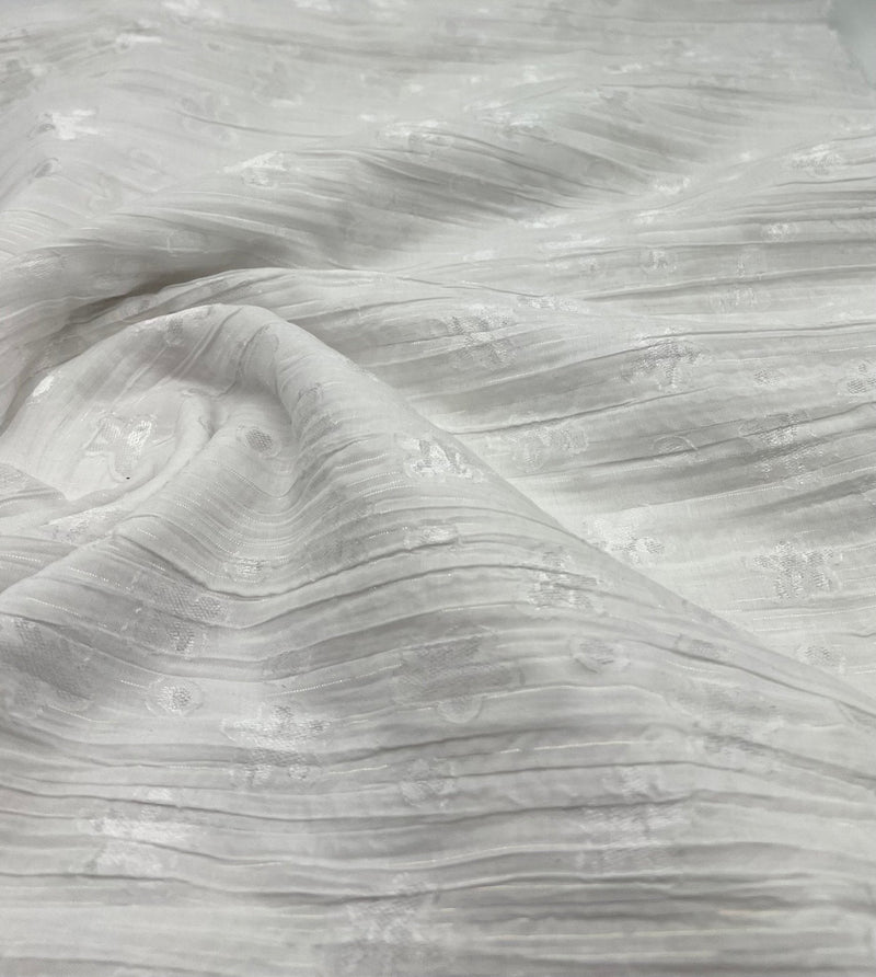 White Shiny Floral Crinkled Lightweight Non Stretch Woven Fabric
