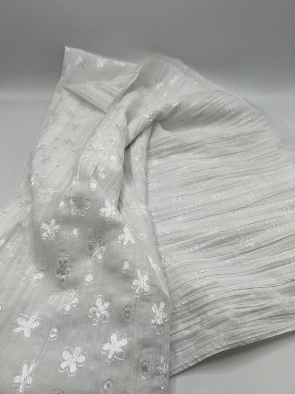 White Shiny Floral Crinkled Lightweight Non Stretch Woven Fabric