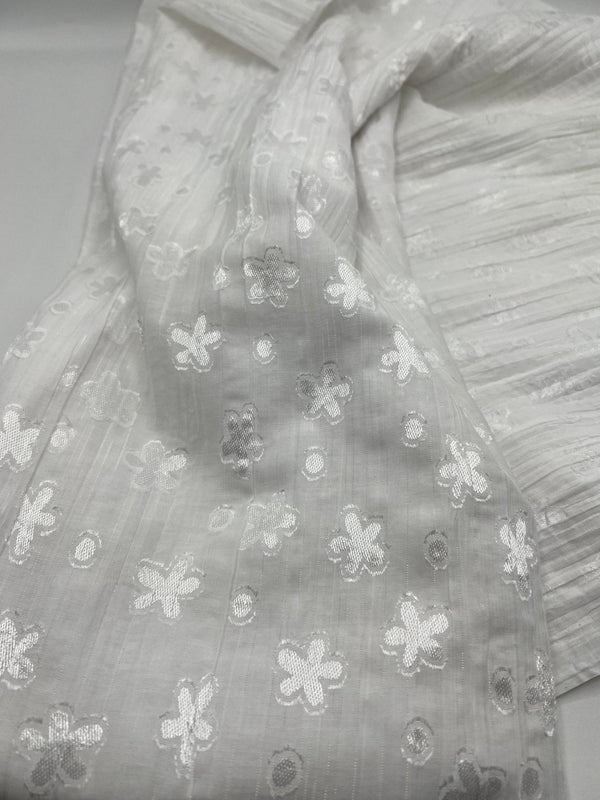 White Shiny Floral Crinkled Lightweight Non Stretch Woven Fabric