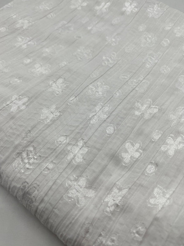 White Shiny Floral Crinkled Lightweight Non Stretch Woven Fabric