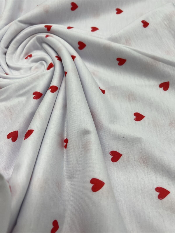 White Small Heart Print Spun Poly Stretch Fabric