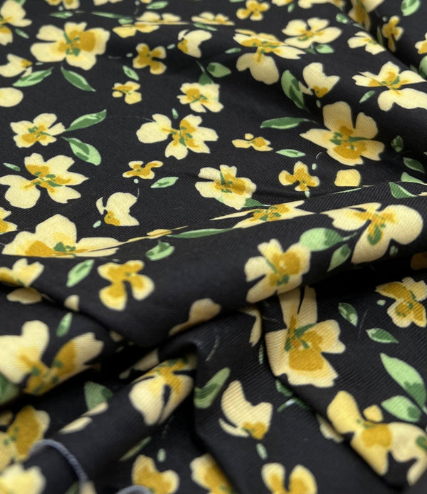 Yellow Floral Spun Poly Stretch Fabric