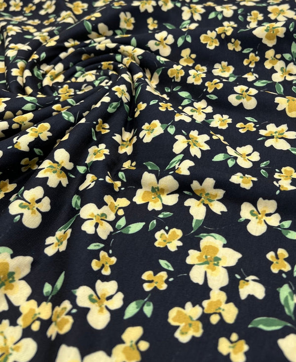 Yellow Floral Spun Poly Stretch Fabric