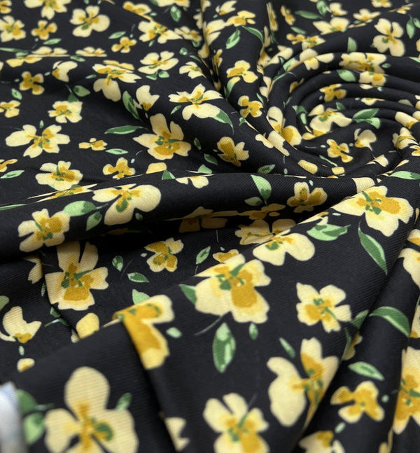 Yellow Floral Spun Poly Stretch Fabric