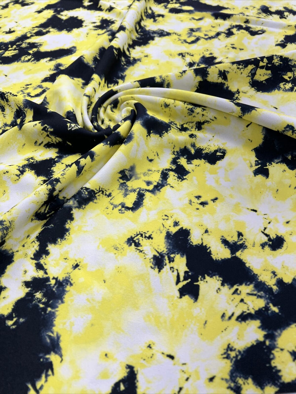 Yellow Black Mix Printed Scuba Crepe Jersey Fabric 4 Way Stretch