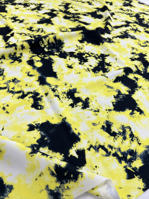 Yellow Black Mix Printed Scuba Crepe Jersey Fabric 4 Way Stretch