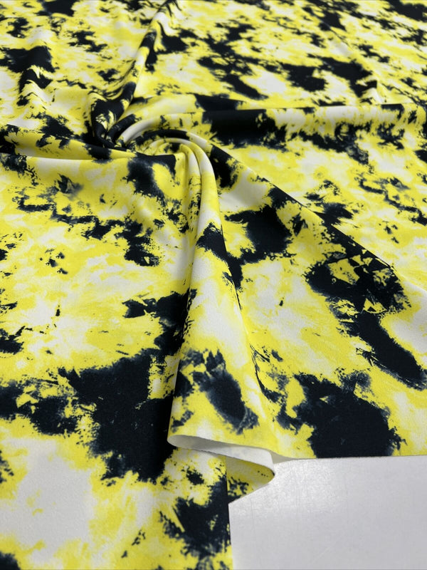 Yellow Black Mix Printed Scuba Crepe Jersey Fabric 4 Way Stretch