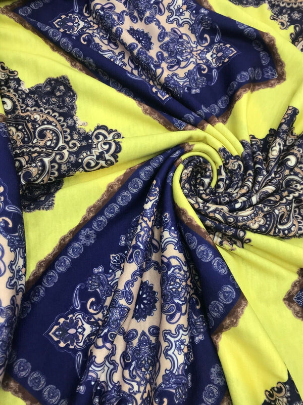 Yellow & Blue Damask Style Print Polyester Stretch Jersey