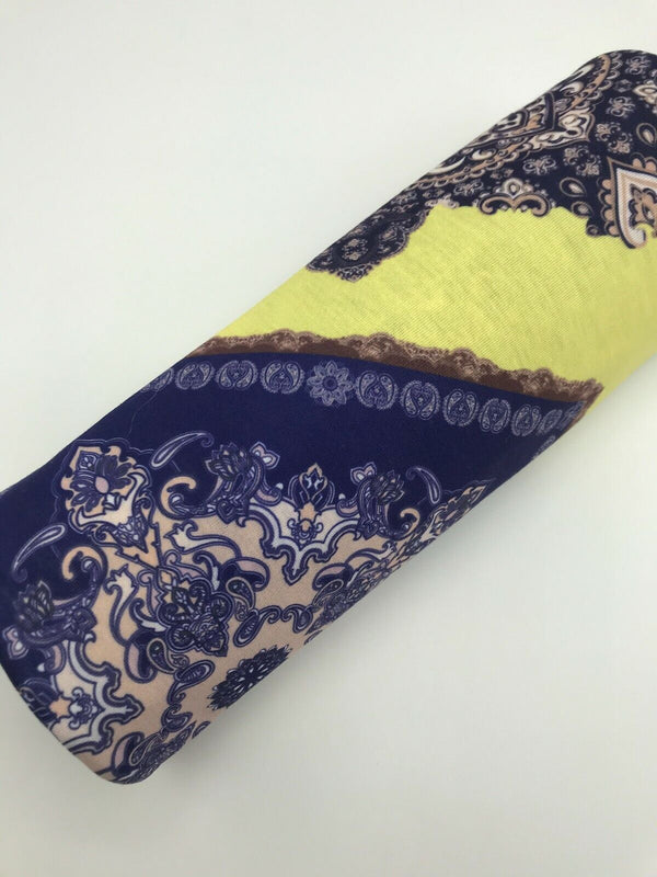 Yellow & Blue Damask Style Print Polyester Stretch Jersey