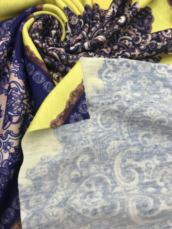 Yellow & Blue Damask Style Print Polyester Stretch Jersey
