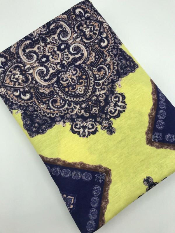 Yellow & Blue Damask Style Print Polyester Stretch Jersey