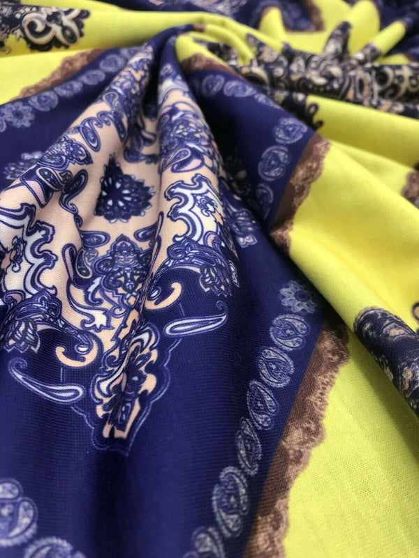 Yellow & Blue Damask Style Print Polyester Stretch Jersey