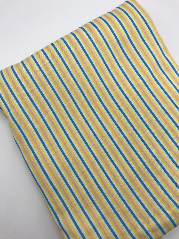 Yellow, Blue & Pink Vertical Stripe Print Viscose Elastane Fabric