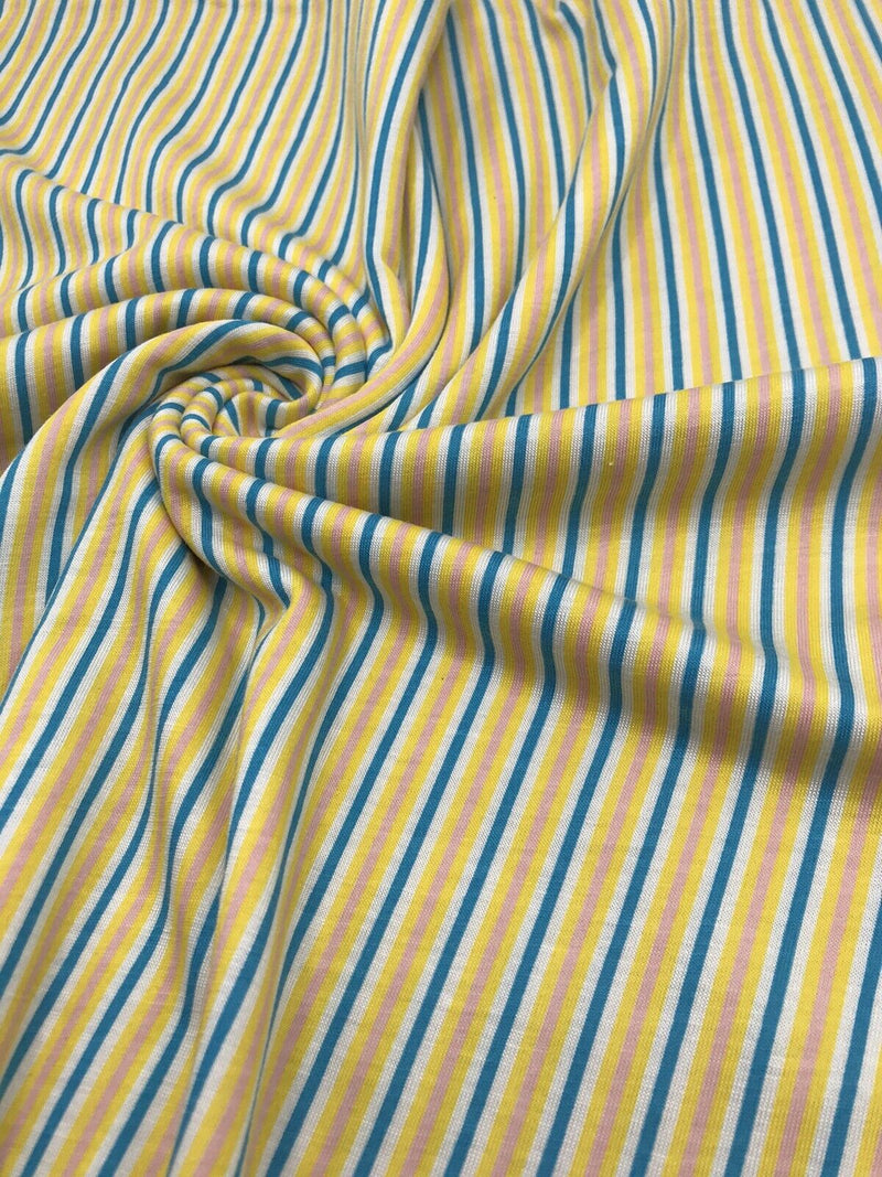 Yellow, Blue & Pink Vertical Stripe Print Viscose Elastane Fabric