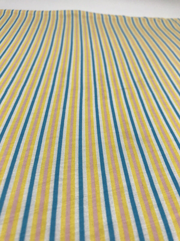 Yellow, Blue & Pink Vertical Stripe Print Viscose Elastane Fabric