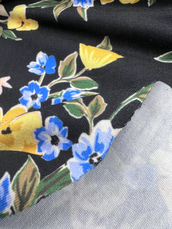 Yellow Floral Blooms Print Viscose Elastane 4 Way Stretch Fabric