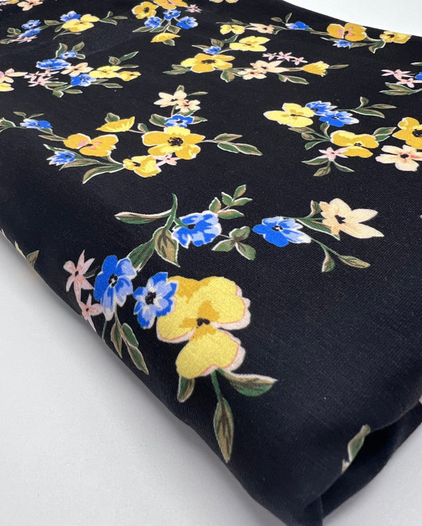 Yellow Floral Blooms Print Viscose Elastane 4 Way Stretch Fabric