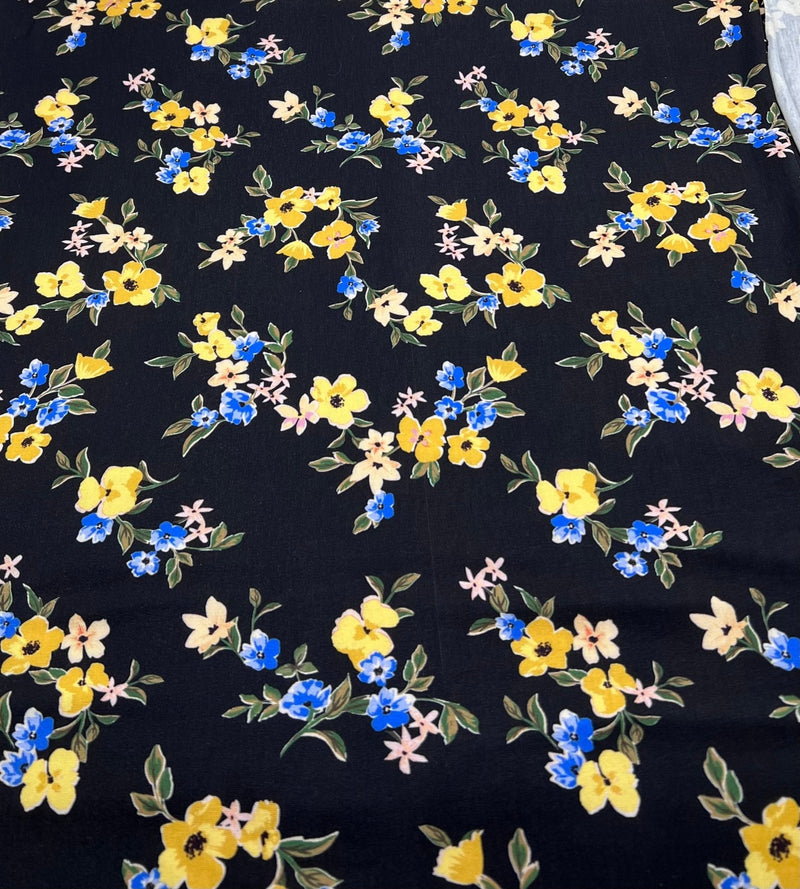 Yellow Floral Blooms Print Viscose Elastane 4 Way Stretch Fabric
