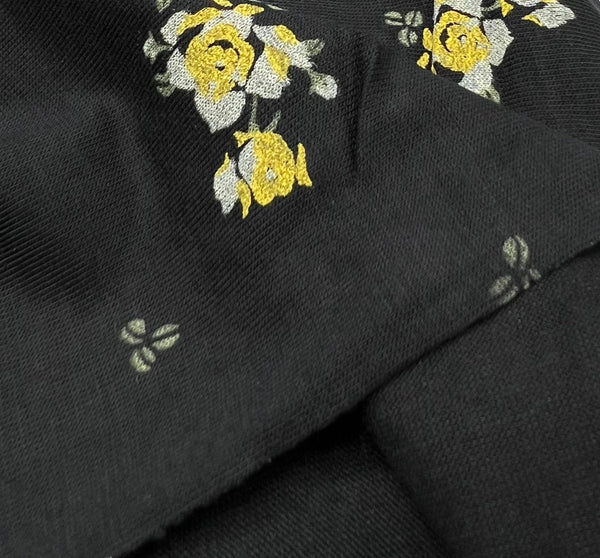 Yellow Flower On Black Print Viscose Elastane Fabric
