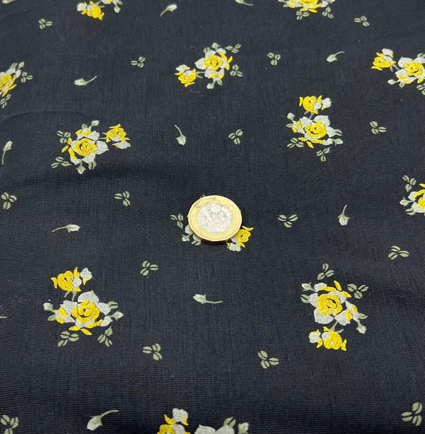 Yellow Flower On Black Print Viscose Elastane Fabric