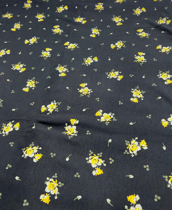 Yellow Flower On Black Print Viscose Elastane Fabric