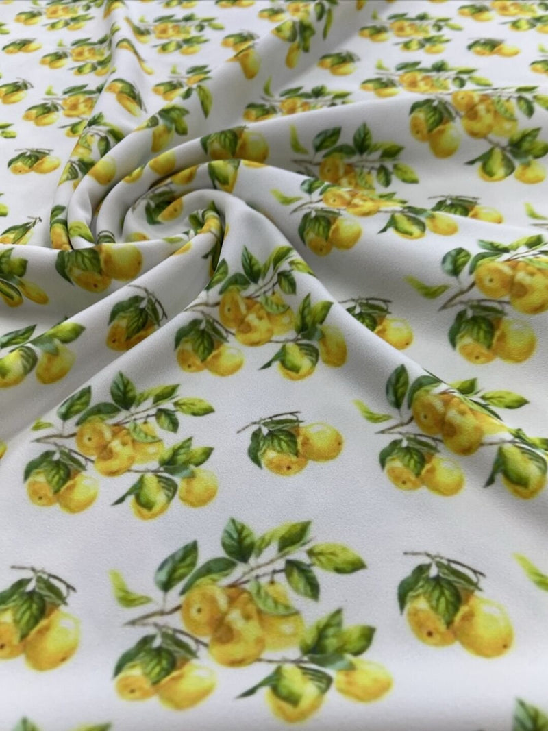 Yellow Fruit Printed Scuba Crepe Jersey Fabric 4 Way Stretch