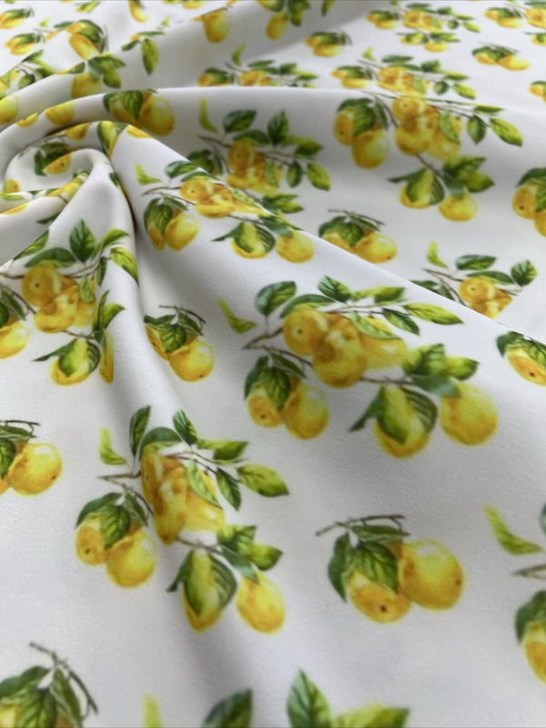 Yellow Fruit Printed Scuba Crepe Jersey Fabric 4 Way Stretch