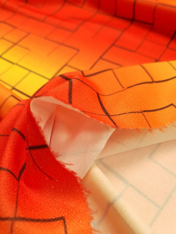 Yellow & Orange Squares Print Lightweight Jersey Crepe Fabric 4 Way Stretch