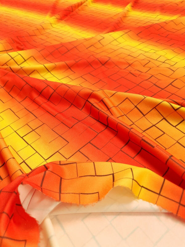 Yellow & Orange Squares Print Lightweight Jersey Crepe Fabric 4 Way Stretch