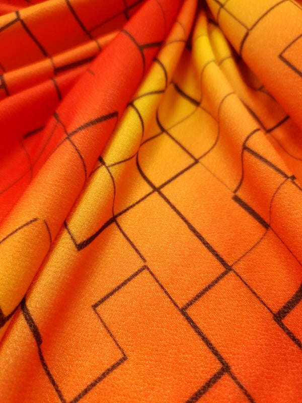 Yellow & Orange Squares Print Lightweight Jersey Crepe Fabric 4 Way Stretch