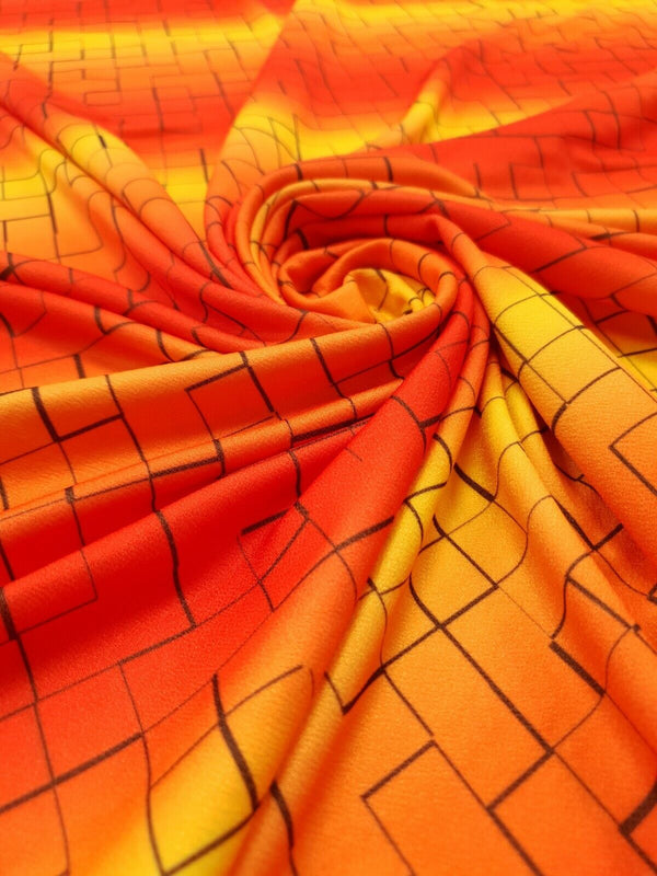 Yellow & Orange Squares Print Lightweight Jersey Crepe Fabric 4 Way Stretch