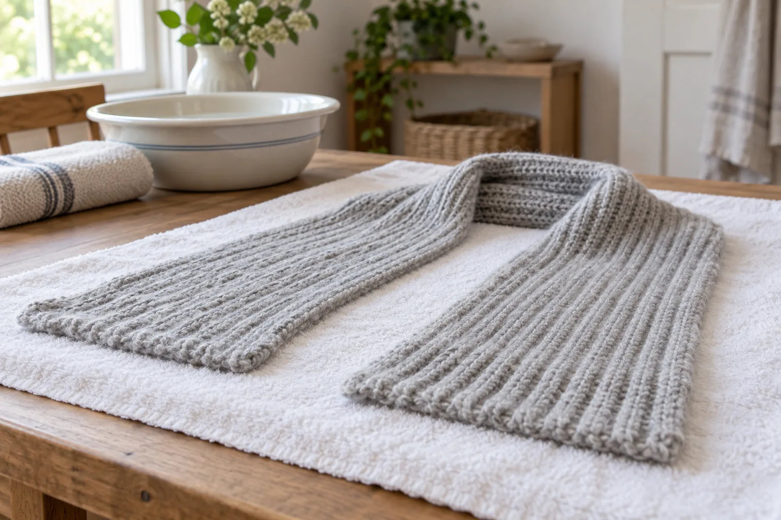 A pale grey knitted scarf laid flat on a white towel beside a wash basin.