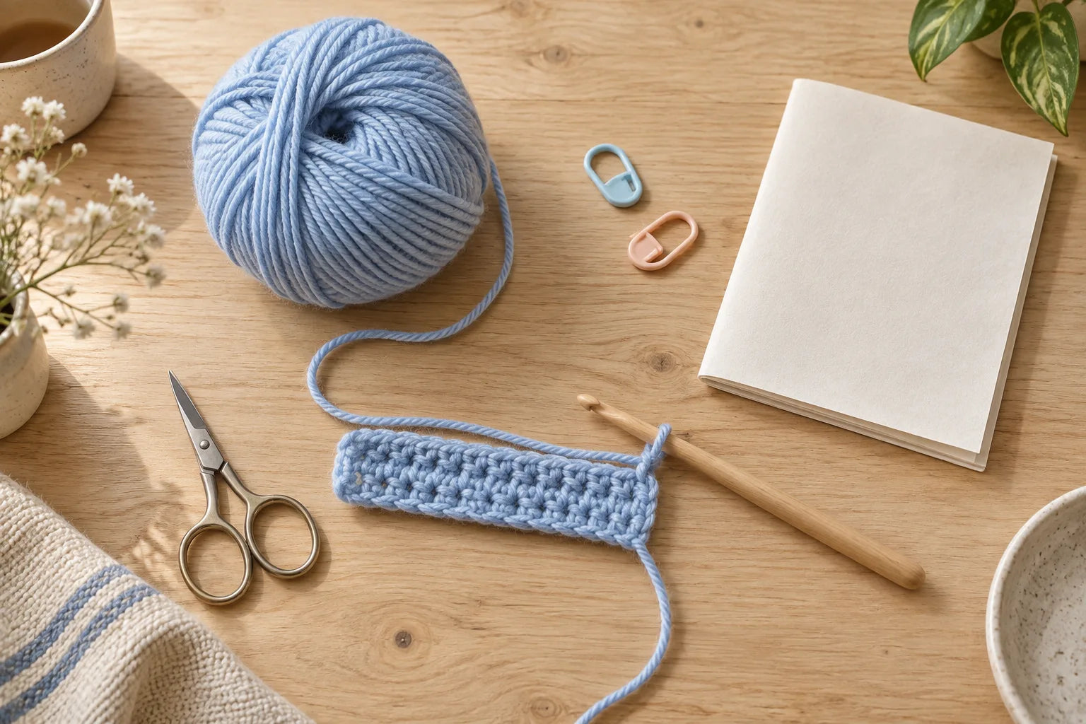 Blue yarn and a crochet swatch beside a wooden hook, scissors and stitch markers